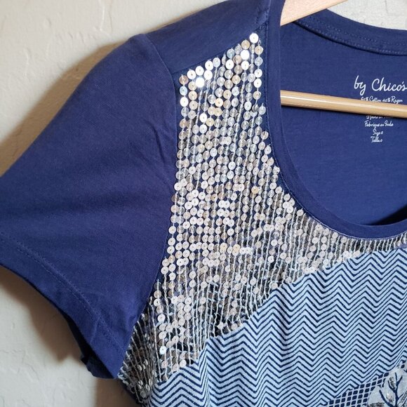 Chico's Eastern Splice Hollis High-Low Tee Blue Size Small Artsy Beaded Sequins - Picture 5 of 8
